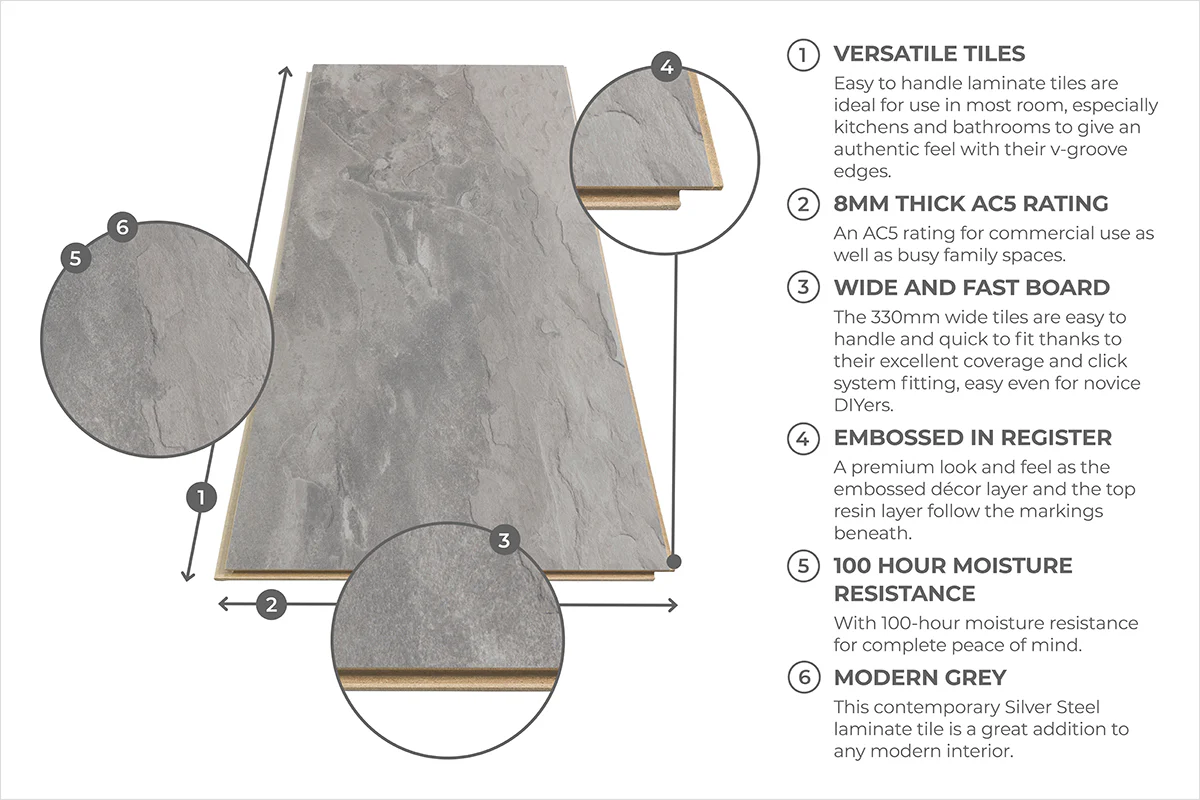Aqualock 8mm Laminate Tile Silver Steel - Image 5