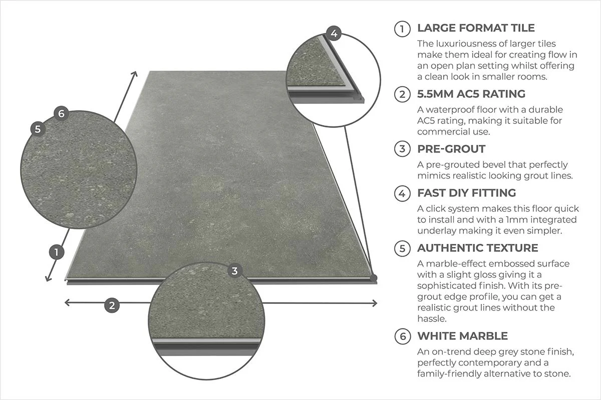 Audacity Rigid Core Pre-Grout Click Vinyl Iron Grey Tile Built-in Underlay - Image 6