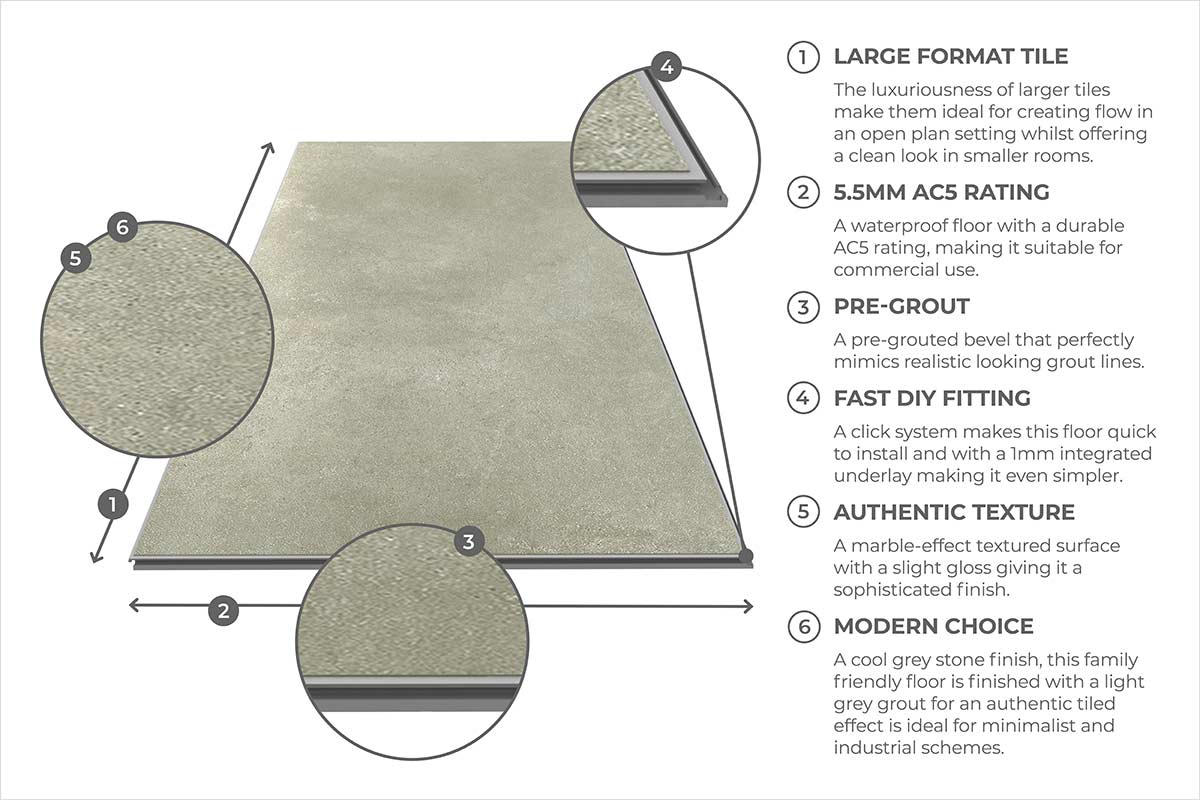 Audacity Rigid Core Pre-Grout Click Vinyl Stone Grey Tile Built-in Underlay - Image 5