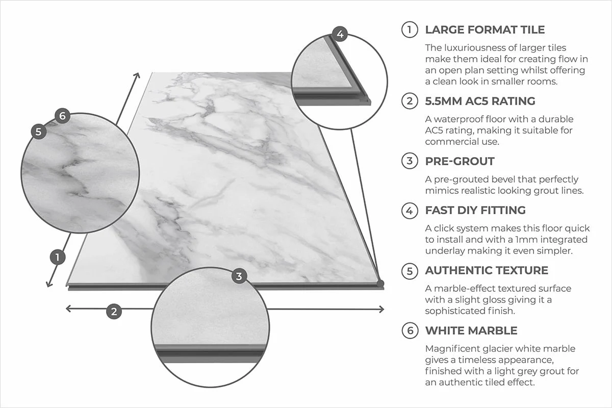 Audacity Rigid Core Pre-Grout Click Vinyl White Marble Tile Built-in Underlay - Image 6