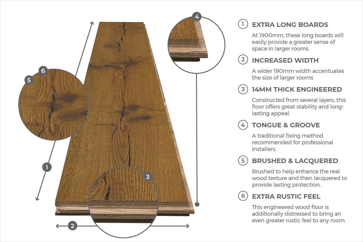Galleria Professional Distressed Extra Rustic Engineered Oak Flooring 14mm x 190mm Gingerbread Lacquered - Image 5