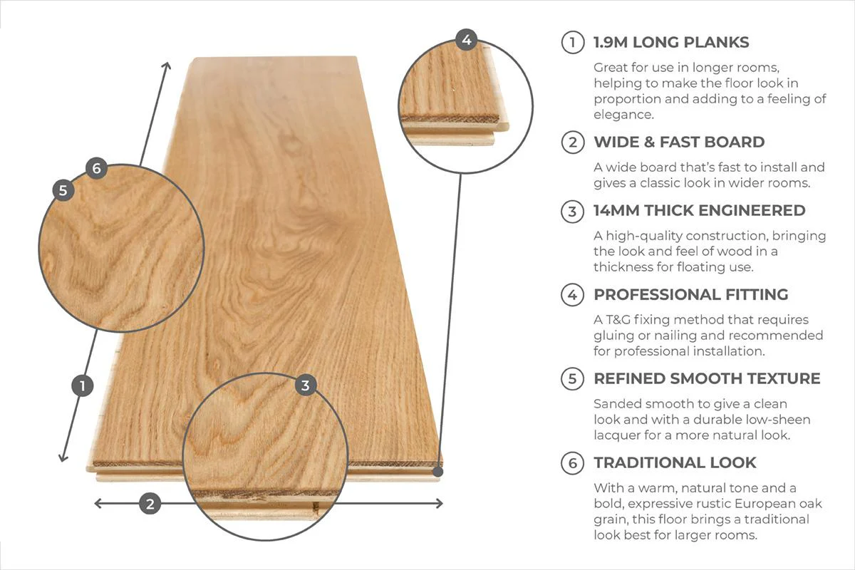 Galleria Professional Engineered European Rustic Oak Flooring 14mm x 190mm Natural Lacquered - Image 6
