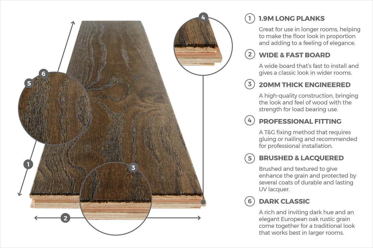 Galleria Professional Engineered European Rustic Oak Flooring 20mm x 190mm Ground Coffee Lacquered - Image 4