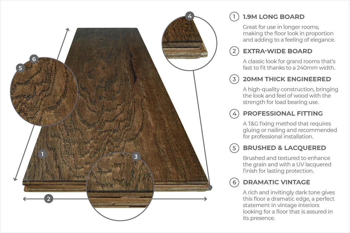 Galleria Professional Engineered European Rustic Oak Flooring 20mm x 240mm Deep Forest Brown Lacquered - Image 6