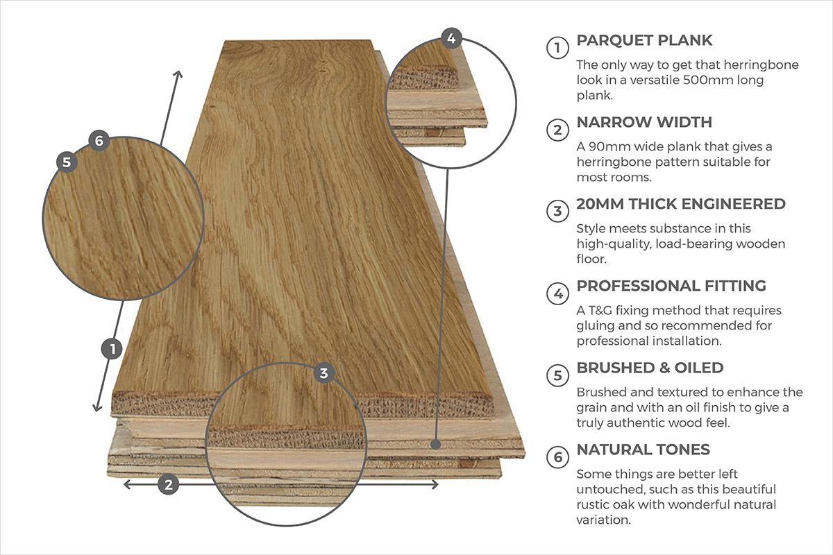 Galleria Professional Engineered Rustic Oak Herringbone Flooring 20mm x 90mm Natural Brushed & Oiled - Image 7