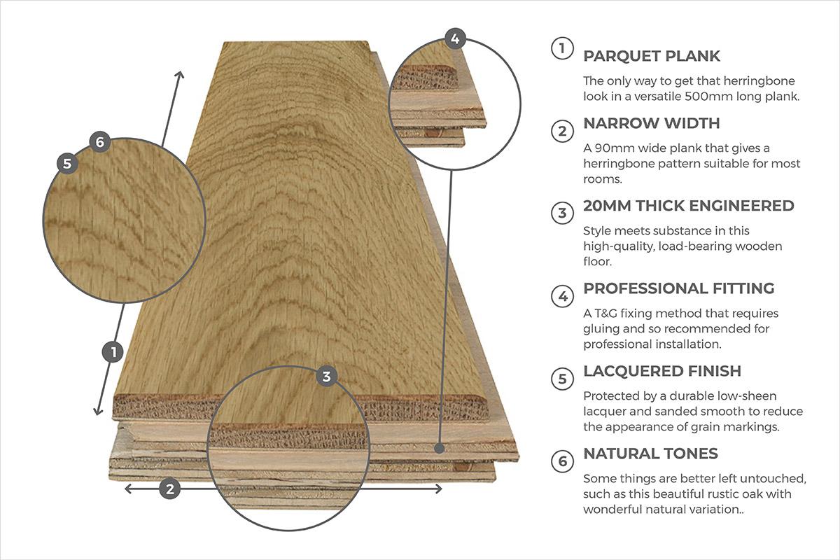 Galleria Professional Engineered Rustic Oak Herringbone Flooring 20mm x 90mm Natural Lacquered - Image 7