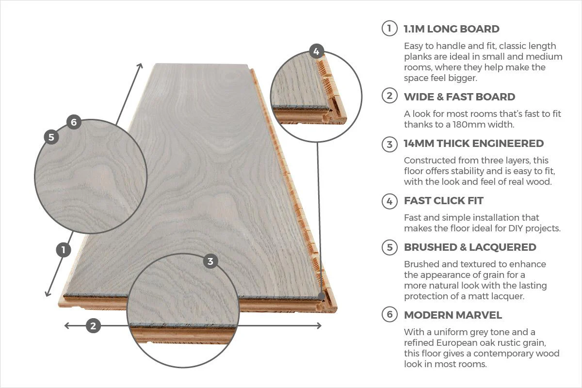 Home Choice Engineered European Rustic Oak Flooring 14mm x 180mm Paloma Grey Lacquered - Image 4