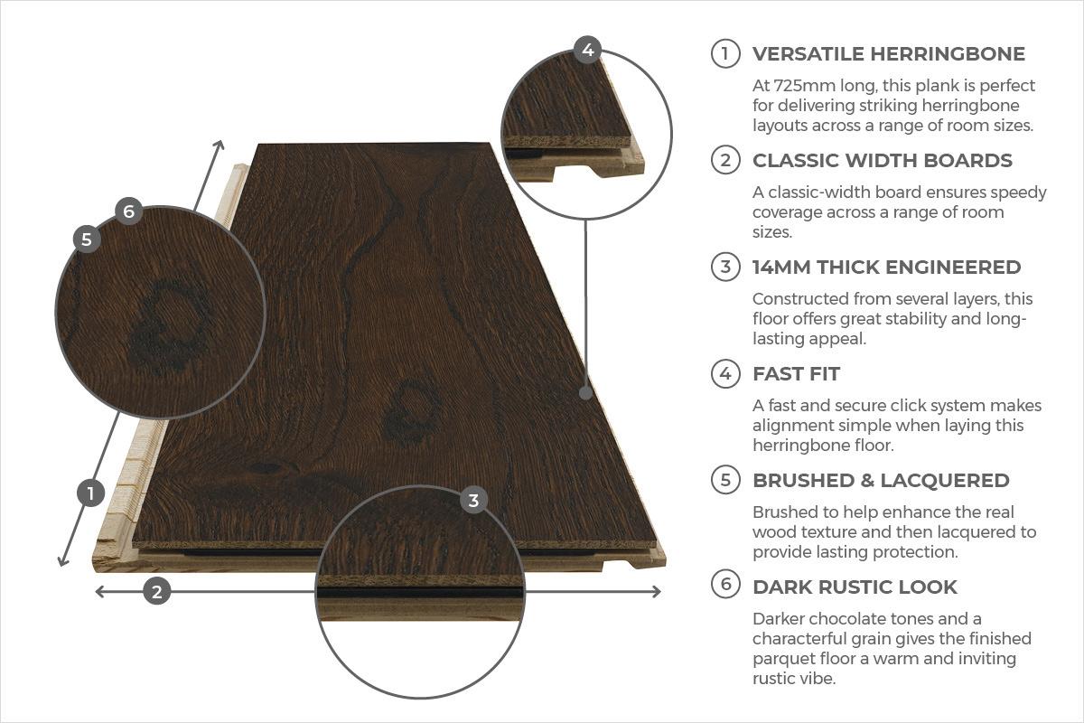 Home Choice Herringbone Engineered Rustic Oak Flooring 14mm x 130mm Marsala Brushed & Lacquered - Image 6