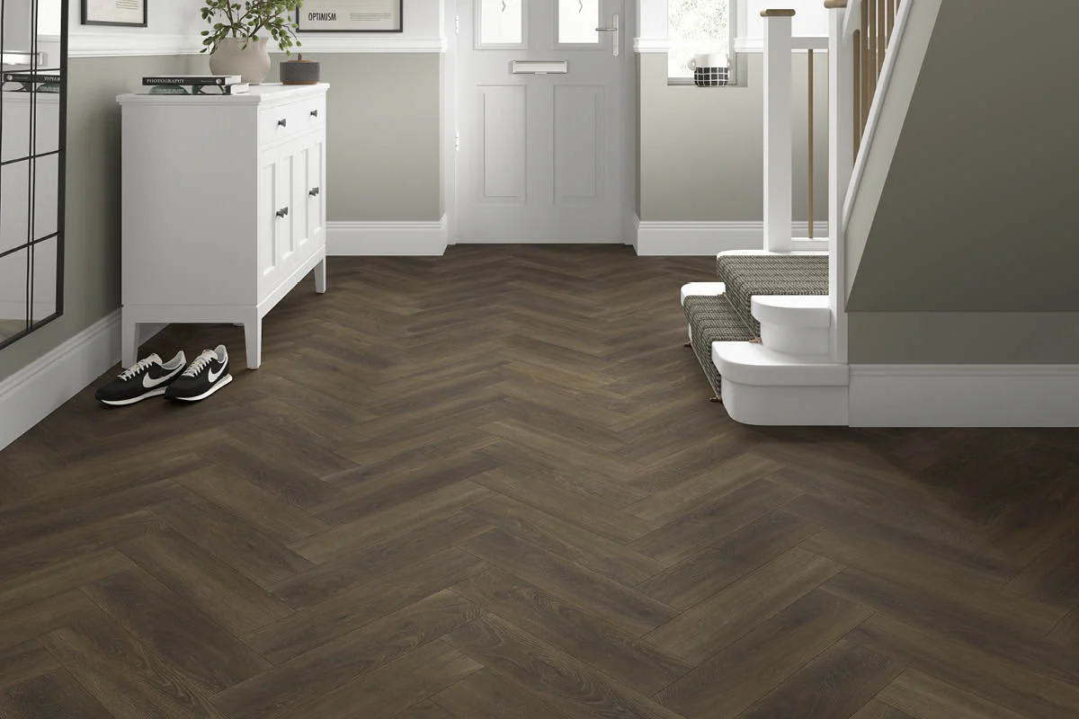 Spectra Luxury Rigid Core Click Vinyl Rich Chocolate Brown Herringbone Built-in Underlay